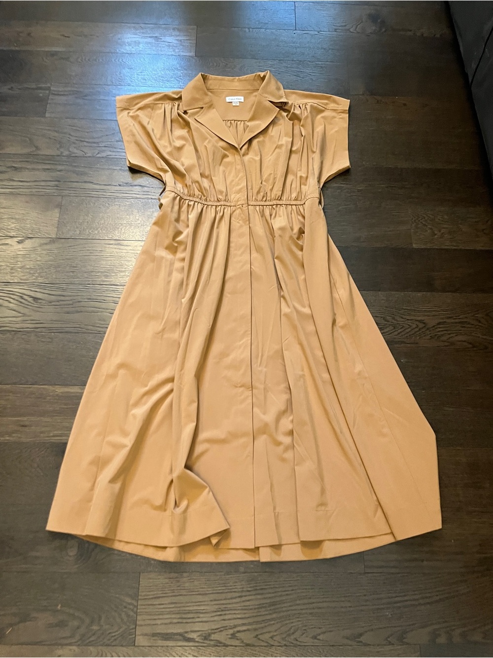 Calvin Klein Camel Tan Short Sleeve Button Front Midi Shirt Dress Size 14